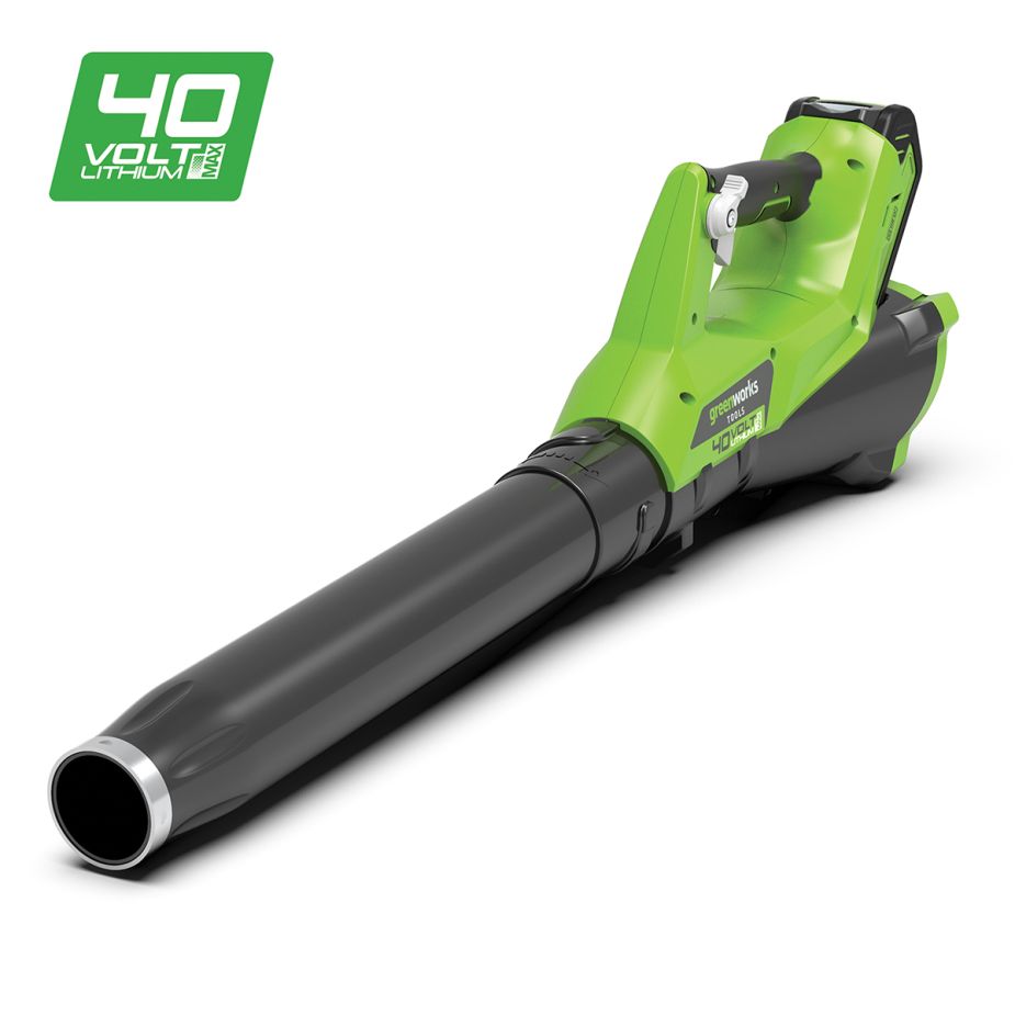 Greenworks 40V axial blower skin only — manufacturer image shows battery installed